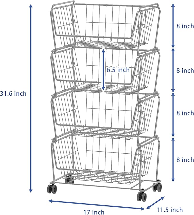 PUSDON Stackable Metal Storage Carts, Dual Use Shelf for Kitchen Fruit Vegetable Baskets with Wheels, Storage Rack for Living Room, Home & Office, Standard Silver Grey 4 Tiers