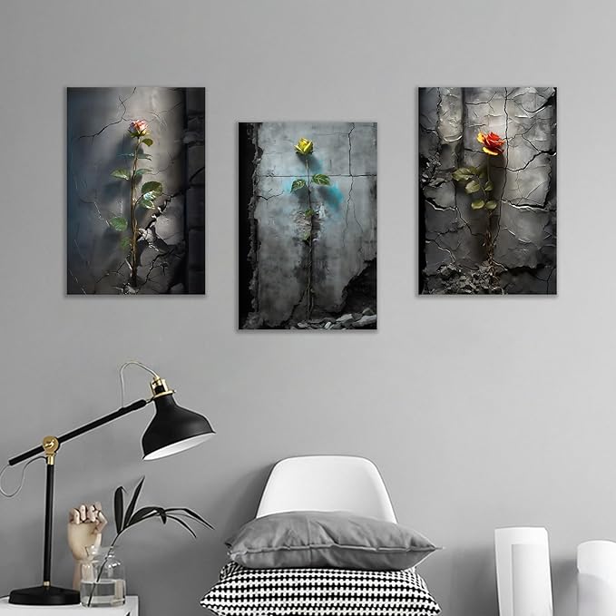 Vintage Floral Canvas Poster Wall Art 3 Roses in The Cracked Retro Botanical Picture Painting Wall Decor Artwork Use for Modern Home Bedroom Living Room Stretched and Framed [48''W X 24''H]