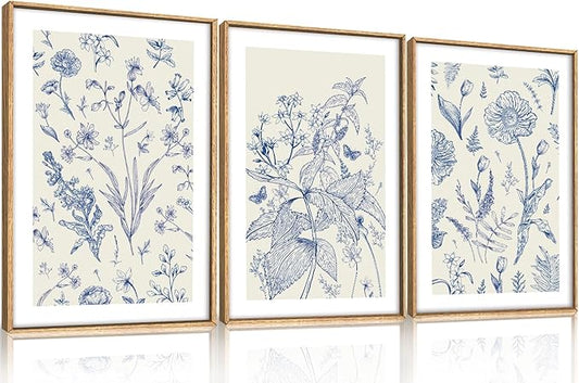 KAIRNE Blue and White Floral Wall Art Set of 3, 24x36Inch Chinoiserie Framed Canvas Art Prints, Navy Watercolor Botanical Flower Painting, Wildflower Decor for Living Room, Bedroom, Bathroom, Home