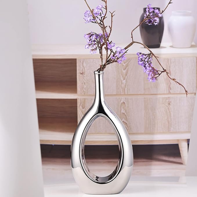 Glossy Silver Vase Ceramic Silver Vases Home Decor,Modern Minimalist Circle with Hole Decorative Vase, Hollow Ellipse Flower vases for Bookshelf, Fireplace Mantle, Centerpieces,Farmhouse,Rustic Décor