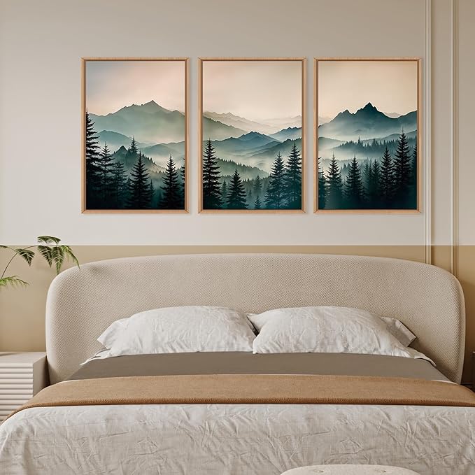 HPNIUB Large Green Mountain Framed Canvas Wall Art,Foggy Forest Wall Decor,Modern Watercolor Boho Pine Tree Wall Painting,Nature Mountains Landscape Art Print for Living Room,Bedroom,Office-16 x24 x3