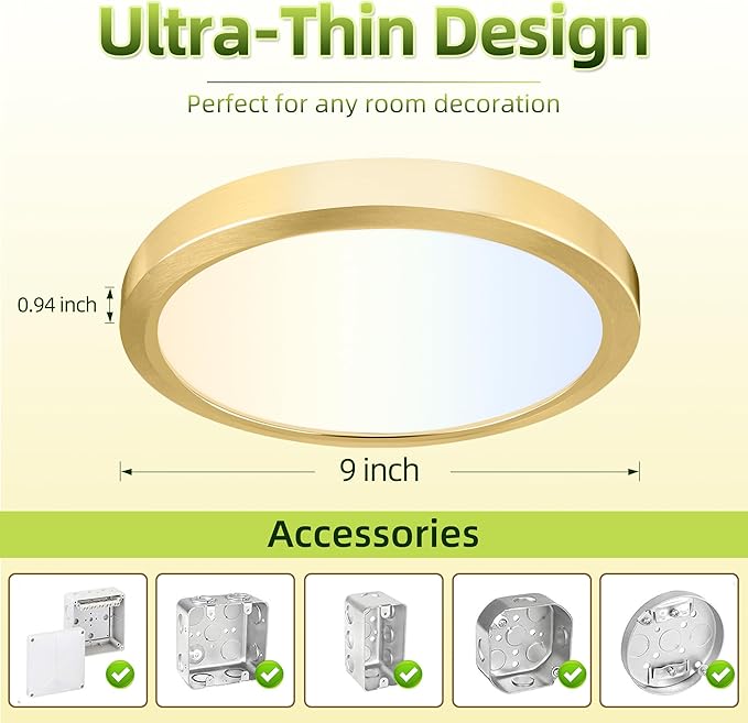 hykolity 2 Pack 9 Inch Selectable CCT LED Round Flat Panel Light, 18W 1800LM 3000K/4000K/5000K, Edge-Lit Flush Mount Ceiling Light Fixture for Kitchen, Bedroom, Laundry and Closet Room，Gold