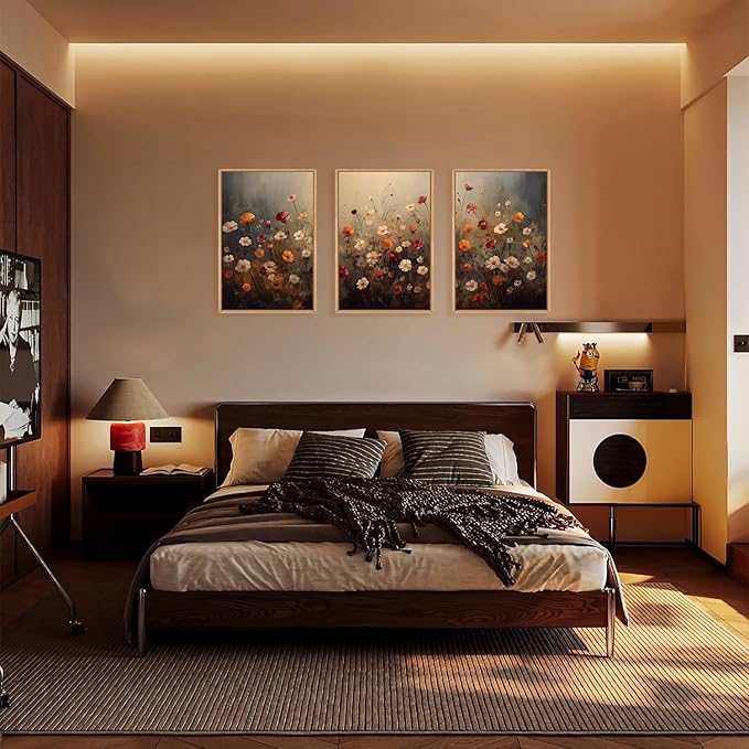 KAIRNE Vintage Wildflower Wall Art Set of 3, Boho Watercolor Botanical Framed Canvas Prints, Rustic Colorful Floral Decor for Living Room, Bedroom, Farmhouse 16x24 inch