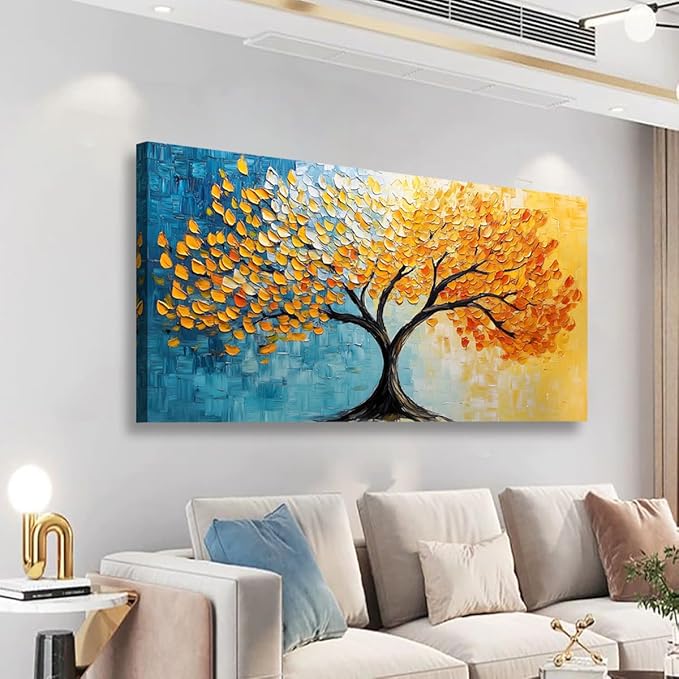 Blue and Yellow Canvas Wall Art Bedroom Wall Decor Living Room,Abstract Tree Leaves Wall Art Office Kitchen Paintings Artwork Modern Golden LeafPictures Art Prints Waterproof Ready to Hang-20x40inch