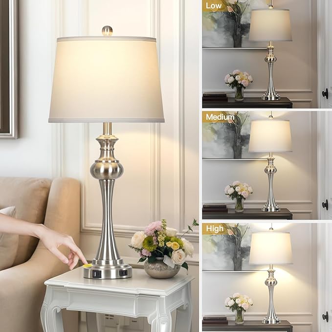 28.75" Silver Table Lamps for Living Room,Touch Lamps for Bedrooms Bedside Lamp 3-Way Dimmable Touch Control, Modern Silver Nightstand Lamp Fabric Shade Mid Century Accent Style（Bulb Inclued）