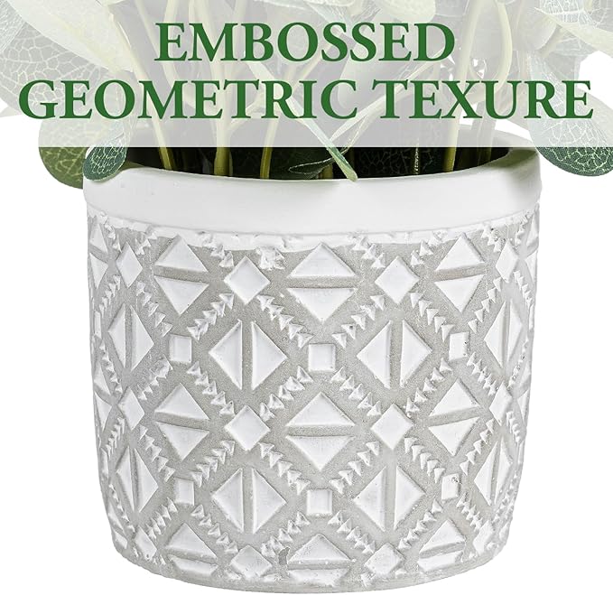 MyGift Artificial Eucalyptus Round Leaf Plant, Faux Bushy Green Leaves Potted in Gray Concrete Pot with Geometric Embossed Pattern, Indoor Home Table Decor