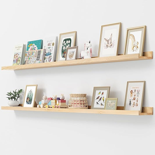Picture Ledge Shelf, Floating Shelves Set of 2, Solid Pine Wood 72'' Long Large Nursery Book Shelves for Toys Storage, Kids Bookshelf for Living Room Bedroom Decor Books Photo Frames, Natural