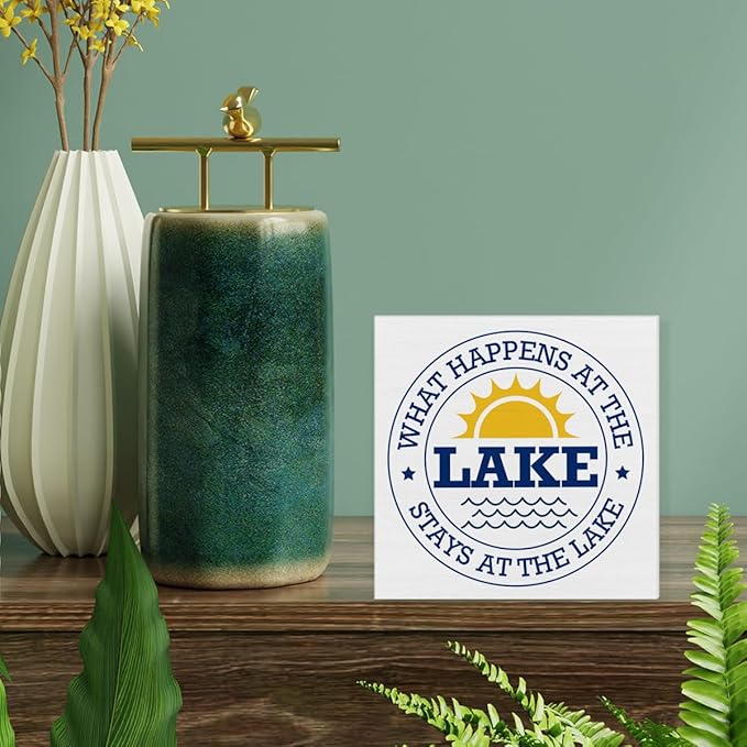 Lake Sign Decor What Happens at the Lake wooden Block Sign Home Lake House Desk Table Shelf Decoration, polychrome