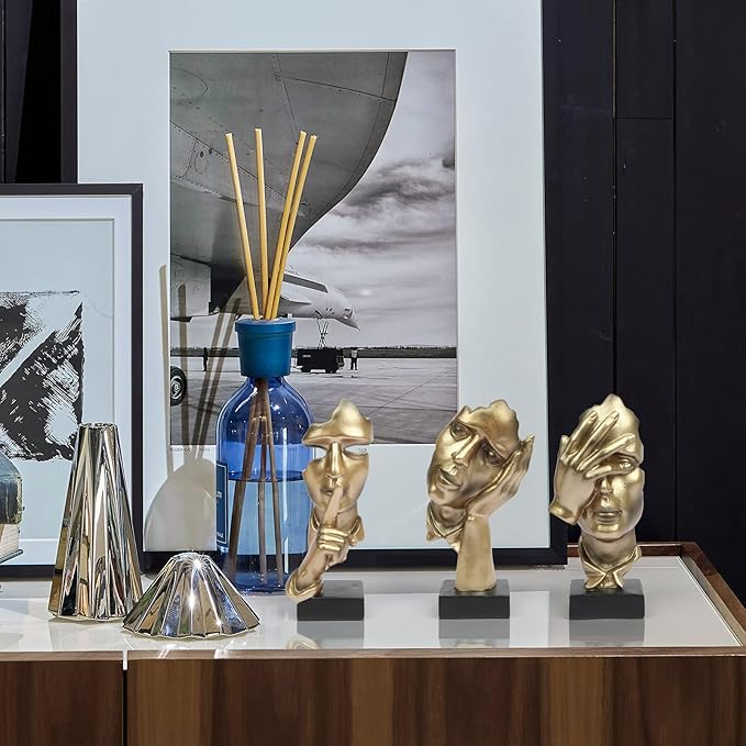 3 Pcs Thinker Statue, Silence is Gold Abstract Art Figurine, No Hear No See No Speak Modern Home Resin Sculptures Decorative Objects Decor for Home Office Bookshelf Desktop(Gold), A-41