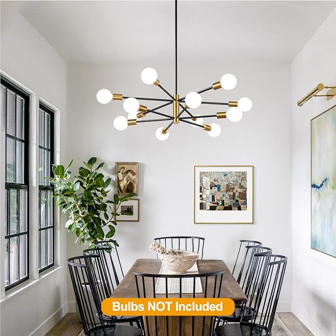 33" Modern Chandelier Ceiling Light Fixture, 12-Light Sputnik Chandeliers Gold and Black Mid Century Chandelier Over Table, Height Adjustable Chandeliers for Dining Room Living Room Kitchen Island
