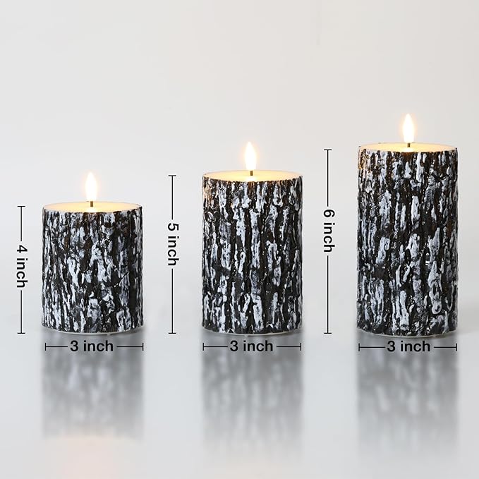 Eywamage Black Pine Bark Flameless LED Candles with Remote, Farmhouse Flickering Wood Pillar Candles Set of 3
