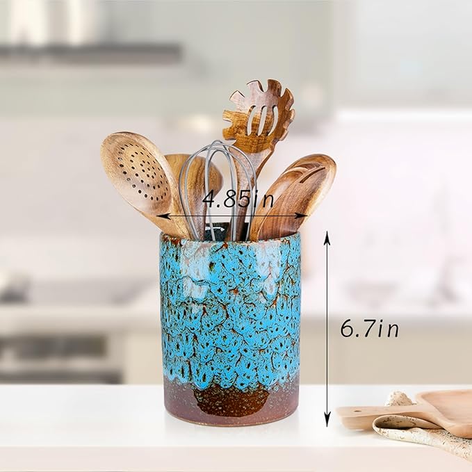 Utensil Holder, Ceramic Kitchen Utensil Holder for Countertop, Large Cooking Utensil Crocks for Kitchen Counter, Morden Utensil Organizer for Spatula, kitchen Decor,Blue