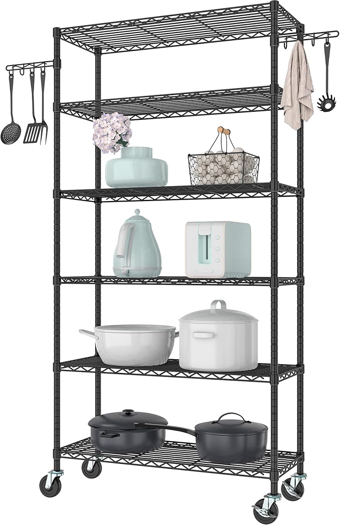 Metal Steel Shelving with Wheels Rack Unit, 6-Tier Rolling Storage Shelf Adjustable Wire Rack Organizer Utility Storage Shelving for Home Kitchen Garage Pantry(6-Tier Shelf)
