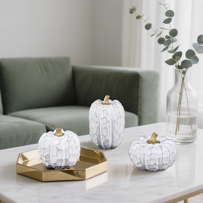 winemana Pumpkins Fall Decorations for Home- Set of 3 Elegant White Pumpkin Resin Thanksgiving Centerpiece for Table, Mantel, Porch & Indoor, Textured Neutral Farmhouse Autumn Harvest Decor (White)