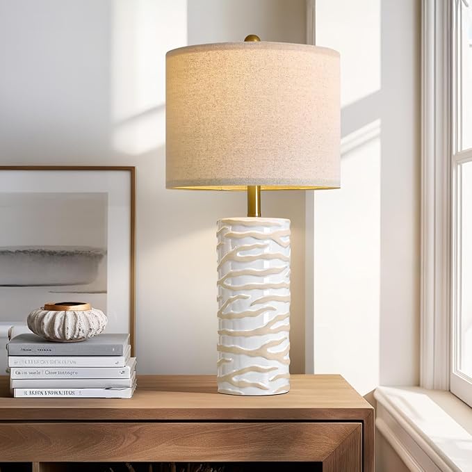 PoKat 26.75" Ceramic Table Lamp, Modern White Lamp for Living Room, Bedroom, Night Stands, Farmhouse Bedside Nightstand End Table Lamp