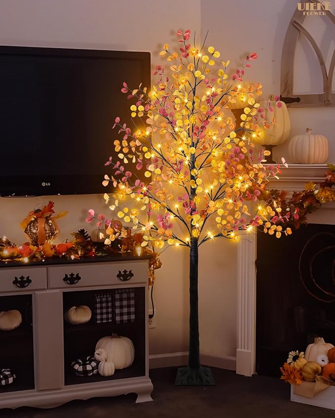Uieke 6FT 96LED Lighted Thanksgiving Eucalyptus Tree Artificial Tree with 24PCS Pumpkin Lights 8 Modes Thanksgiving Fall Decorations for Home Autumn Decor Indoor Outdoor