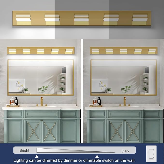 SineRise LED Modern Bathroom Vanity Light Fixtures (5-Light, 40-Inch, Dimmable), Brass Modern Acrylic Bathroom Wall Lighting Fixtures Over Mirror (Cool White 6000K)
