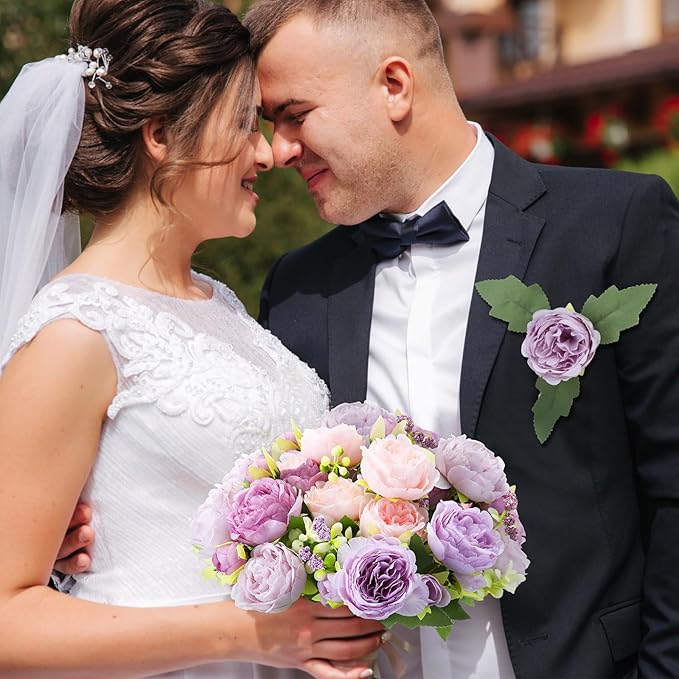 Geosar 8 Bundles Artificial Peonies Flowers Fake Silk Peony Bouquet Faux Peonies Flowers Bulk for Decoration Vase Florals Arrangements Wedding Party Table (Gray Purple,Light Purple)