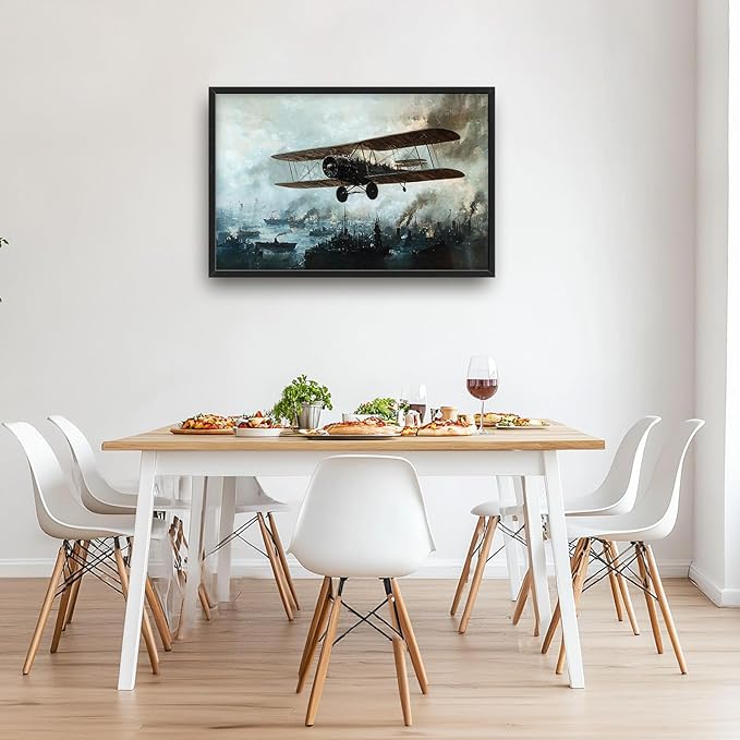 Flintis Large old Biplane Framed Wall Art Vintage Aircraft Pictures Wall Decor Abstract Airplane Poster Canvas Painting Print Artworks Framed for Living Room Bathroom Master Bedroom 36L X 24W