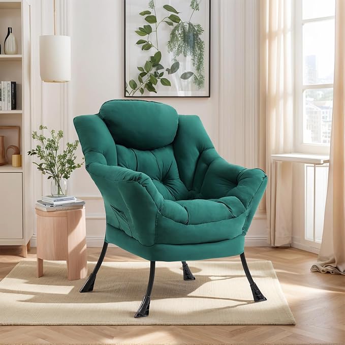 Lazy Chair for Living Room, Modern Accent Chairs with Armrests, Comfy Lounge Chair with Side Pocket, Cozy Lazy Sofa for Reading, Balcony, Bedroom, Dorm, Small Spaces (Dark Green)