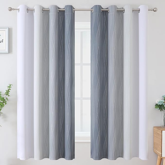 Estelar Textiler Grayish White and Grey Blackout Curtains for Living Room, Ombre Thermal Insulated Noise Reducing Blackout Drapes for Bedroom, Full Room Darkening Grommet Curtains, 52Wx63L, 2 Panels