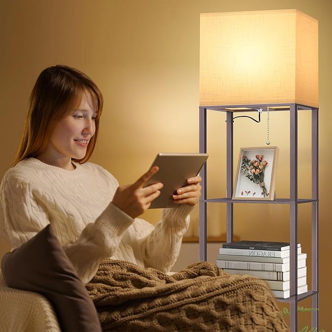 Dott Arts Floor Lamp with Shelves, Wide Floor Lamps for Living Room Display Shelf Lamps with 3 Color LED Bulb,Storage Wood Modern Floor Lamp for Bedroom Standing Lamp for Living Room Office（Walnut）