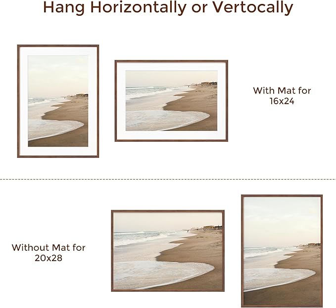 20x28 Oak Wood Picture Frame, 20"x28" Poster Frame for Wall, 20x28 Picture Frame with Mat for 16x24, Solid Oak Wood Photo Frame 20 x 28 with Tempered Real Glass (Walnut Color, 1 Pack)