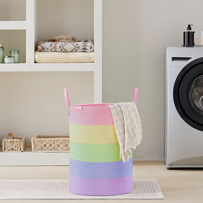 VIPOSCO Tall Laundry Basket, Large Dirty Clothes Hamper with Leather Handle, Woven Rope Storage Basket for Blanket, Toy In Living Room, Bathroom, Bedroom - 58L Rainbow