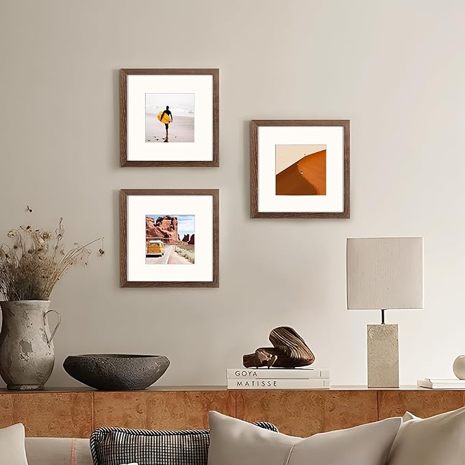 8x8 Picture Frames Set of 3, Solid Oak Wood 8”x8” Picture Frame Matted to 4”x4”,Square 8 x 8 Natural Wood Frame with Tempered Real Glass, Rustic 8x8 Photo Frame for Wall & Tabletop Display