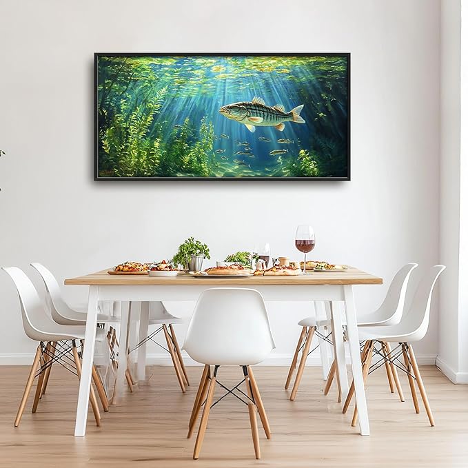Flintis Large Ocean Fish Framed Wall Art Natural Green Plants Pictures Wall Decor Abstract Fishing Canvas Painting Print Artworks Decor Framed for Living Room Bathroom Master Bedroom 60L X 30W
