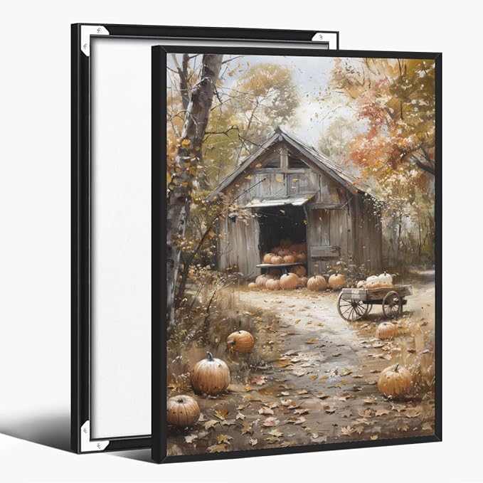 Fall Canvas Wall Art Farmhouse Pumpkin Barn Posters Retro Countryside Fall Pictures Prints Farmhouse Wall Decor for Home Living Room 16x24inch black framed