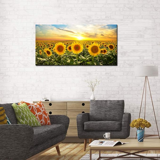 Biuteawal Sunflower Canvas Print Wall Art Sunset Landscape Pictures Flower Field Artwork Modern Painting for Home Kitchen Bedroom Dining Room Stretched and Framed Ready to Hang