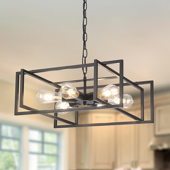 19.7" Matte Black Industrial Pendant Light, Hight Adjustable, 6-Lights Rustic Vintage Metal Chandelier Light Fixture for Kitchen Island Hallway Dining Room
