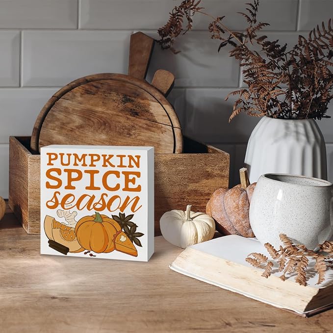 Pumpkin Decor, Autumn Home Office Decors, Fall Decor Art, Autumn Thanksgiving Wooden Signs, Rustic Tabletop Decors, Decorative Wooden Box Sign, Pumpkin Spice Season Wood Signs A14