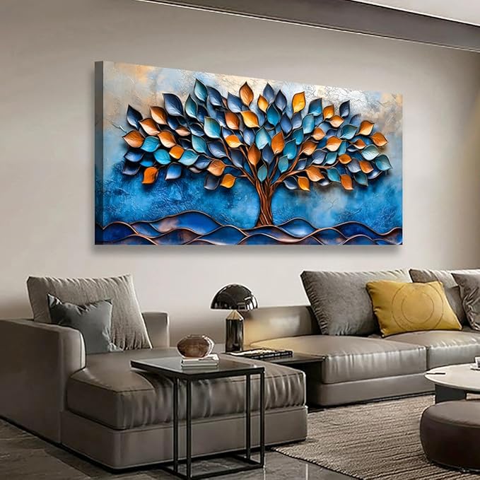 Tree of Life Pictures Canvas Wall Art for Living room Office Bedroom Wall Decor,Blue Leaf Wall Art Print Paintings Modern Autumn Blue Golden Scenery Artwork Waterproof Ready to Hang-20x40inch