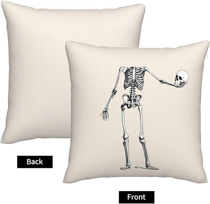 Halloween Pillow Covers 18x18 inch Set of 4, Linen Outdoor Farmhouse Skeleton Skull Spooky Black and White Decorations for Sofa Couch