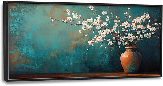 Teal Flowers Framed Wall Art for Living Room, Large Florals in Vase Canvas Wall Decor, Vintage Canvas Pictures Painting, Modern Artwork for Bathroom Bedroom 60L'' × 30W''