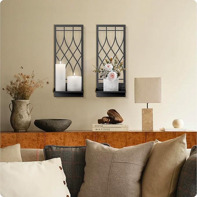 Wall Candle Holder, Black Metal Wall Art, Line Wall Candle Holder for Living Room, Dining Room, Bedroom, Bathroom (2 Pack, 16.5 x 7 in)