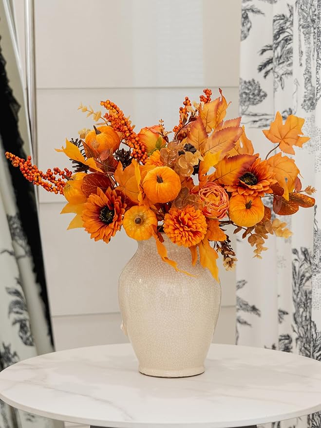 MISSPIN 10 PCS 18 inch Fall Decor Bouquets, Fall Decorations Indoor Outdoor Halloween Thanksgiving Farmhouse Arrangement Decorations for Front Door Wedding Centerpieces in Autumn (Orange)