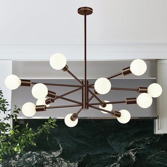 Sputnik Chandeliers Dining Room Light Fixture (12-Light, 33-Inch), Modern Brown and Gold Chandelier, Height Adjustable Mid Century Modern Chandeliers for Dining Room Kitchen Bedroom
