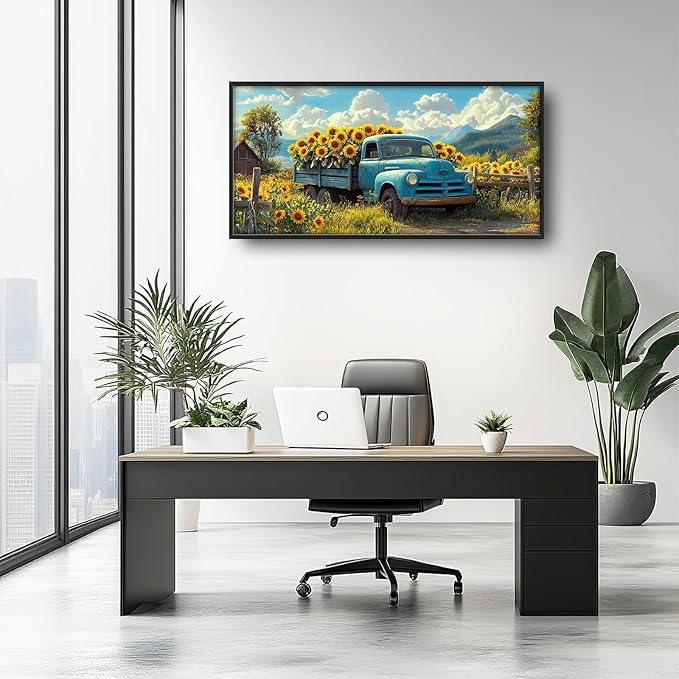 Olivine Large Wall Art, Sunflower Pictures Wall Decor, Farmhouse Sunflower Painting, Sunflowers Truck Canvas Prints, Framed Artwork for Living Room Bedroom Bathroom Office Home Decoration 60"x30"