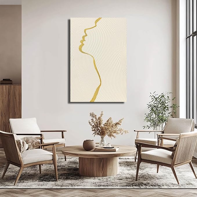 CHUDANHAO Gold Line Wall Pictures Minimalist Home Decor Neutral Canvas Paintings 24"x36" Wall Art for Dining Room Area Living Room Decorations