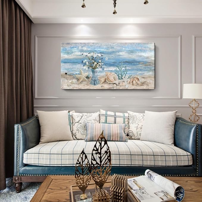 Large Canvas Wall Art for Living Room Seaside Painting Blue Sea View Ocean Theme Abstract Seascape Framed Artwork Coastal Beach Home Decor Daisy Flower in Indian Vase Picture Poster Print 24x48inch