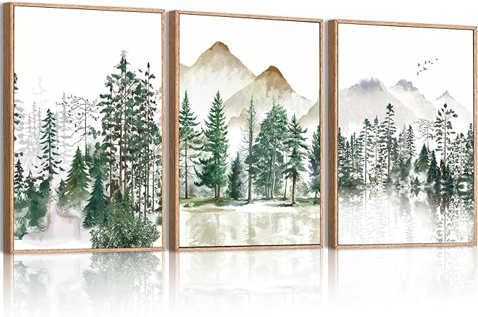 ANHUIB Large Framed Mountain Wall Art Watercolor Forest Landscape Painting Green Nature Prints Art Rustic Wall Decor Set of 3 for Living Room Bedroom Office 16x24 Inch