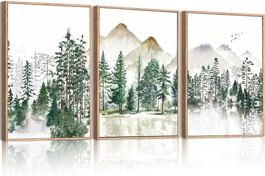 ANHUIB Large Framed Mountain Wall Art Watercolor Forest Landscape Painting Green Nature Prints Art Rustic Wall Decor Set of 3 for Living Room Bedroom Office 16x24 Inch