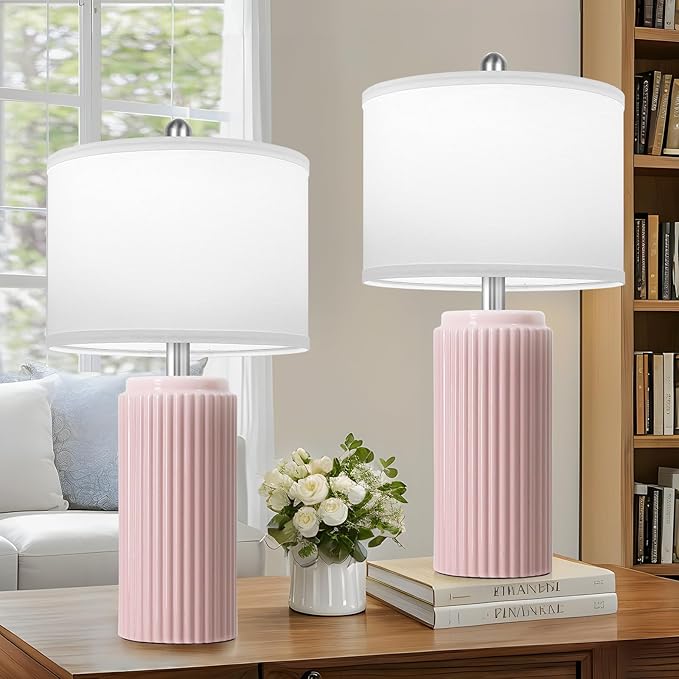 23.5’’ Modern Pink Table Lamps Set of 2 for Living Room, Ceramic Bedside Lamps with White Linen Shade for Girls Room, Rustic Nightstand Lamps for Bedroom Home Office, Cute Lamps for End Table Dorm