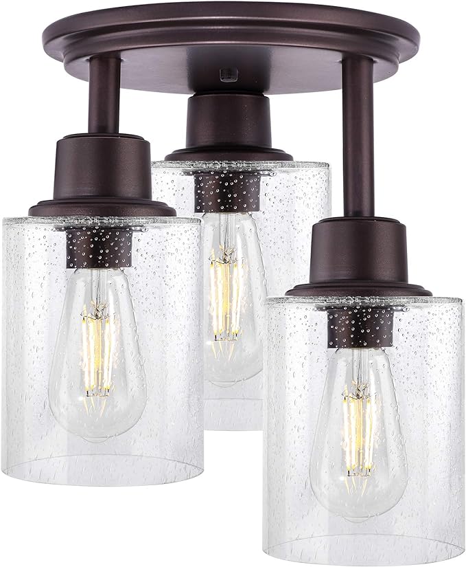 Semi Flush Mount Ceiling Light, 3-Light Close to Ceiling Light Fixtures, Vintage Oil-Rubbed Bronze Finish Kitchen Light Fixture with Clear Seeded Glass Shade Patriot Lighting for Entryway Porch Foyer