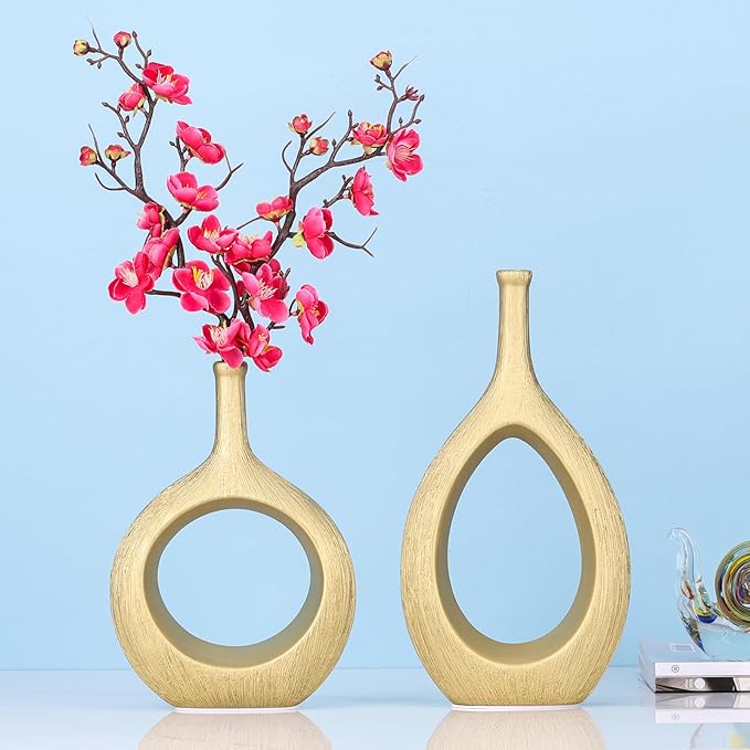 LCCCK Matte Gold Ceramic Vase Set of 2 - Ribbed Hollow Aesthetic Decorative Vase, Modern Farmhouse Table Centerpiece, Boho Gold Vases for Flower Decor and Home Living
