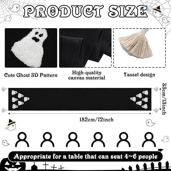 Breling Halloween Ghost Table Runner Jacquard Cute Ghost Halloween Dinner Table Runner Fall Autumn Kitchen Dining Decoration for Kitchen Farmhouse Party Holiday Home Decor 13x72 Inch(Black)