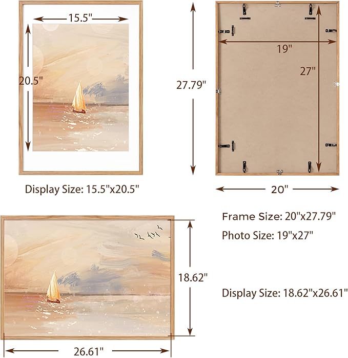 19x27 Picture Frame, Solid Oak Wood 19"x27" Frame, 19 x 27 Poster Frame for Wall, 19x27 Frame Matted to 16x21, Tempered Real Glass, Wood 19"x27" Art Frame, Natural Oak Color, 1 Pack
